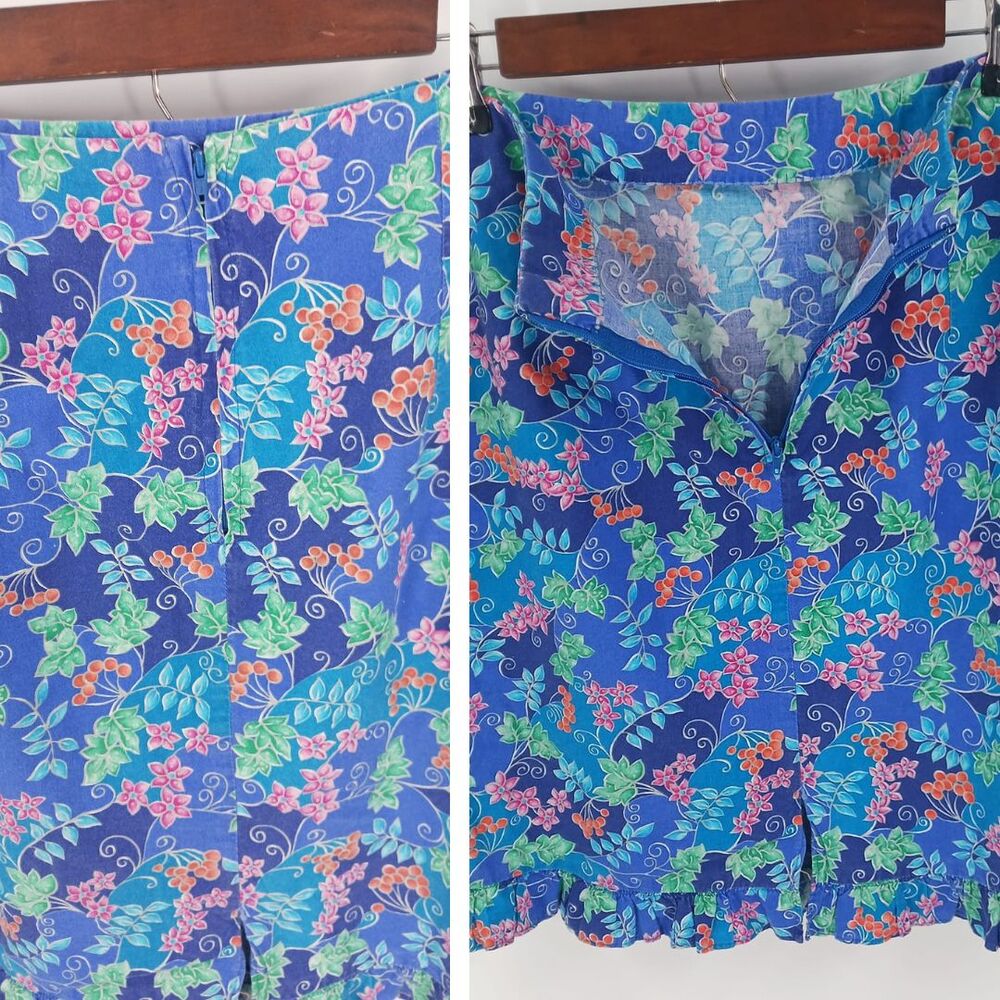 Vintage Handmade Blue & Purple Floral Print Tropical Hawaiian Vibes Skirt Small - Picture 3 of 7